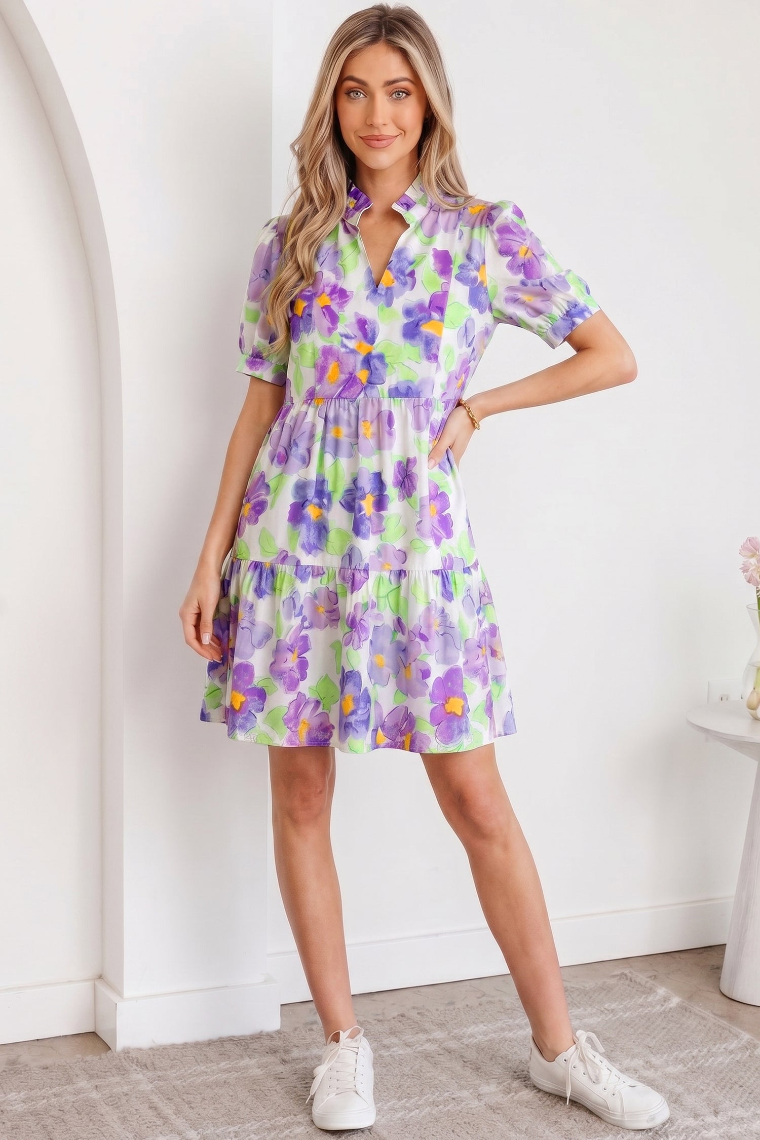 Purple Floral V Collar Short Sleeve Tiered Ruffle Mini Dress S-XL