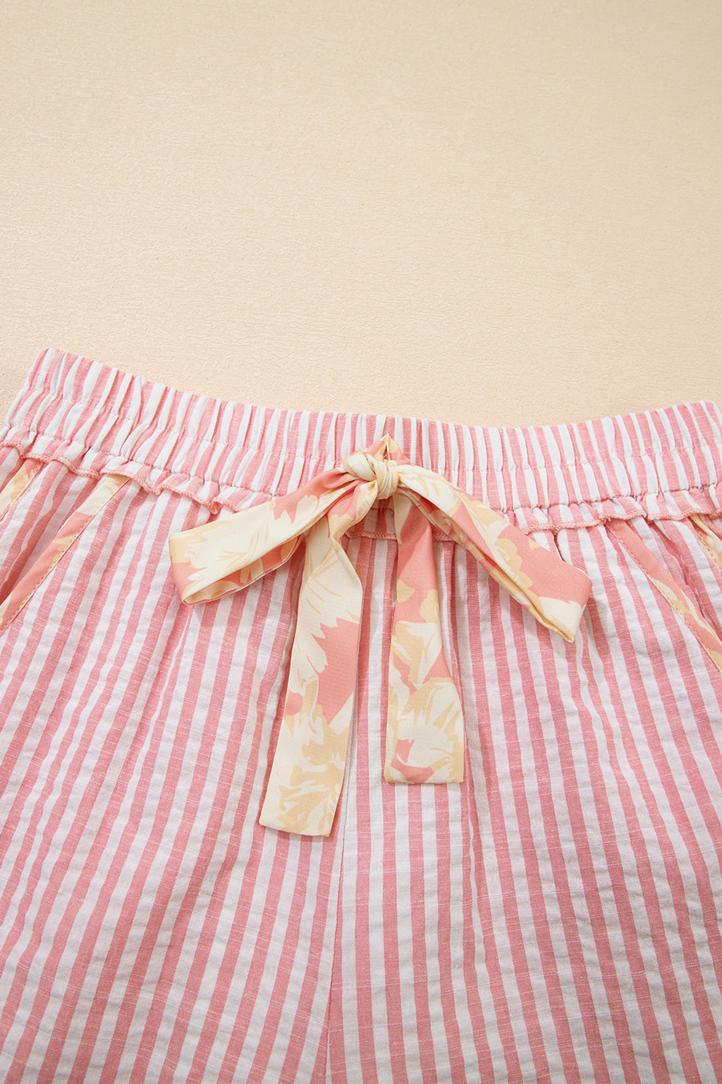 Women's Light Pink Striped Floral Trim Ribbon Knot Casual Shorts at LivelyLooks