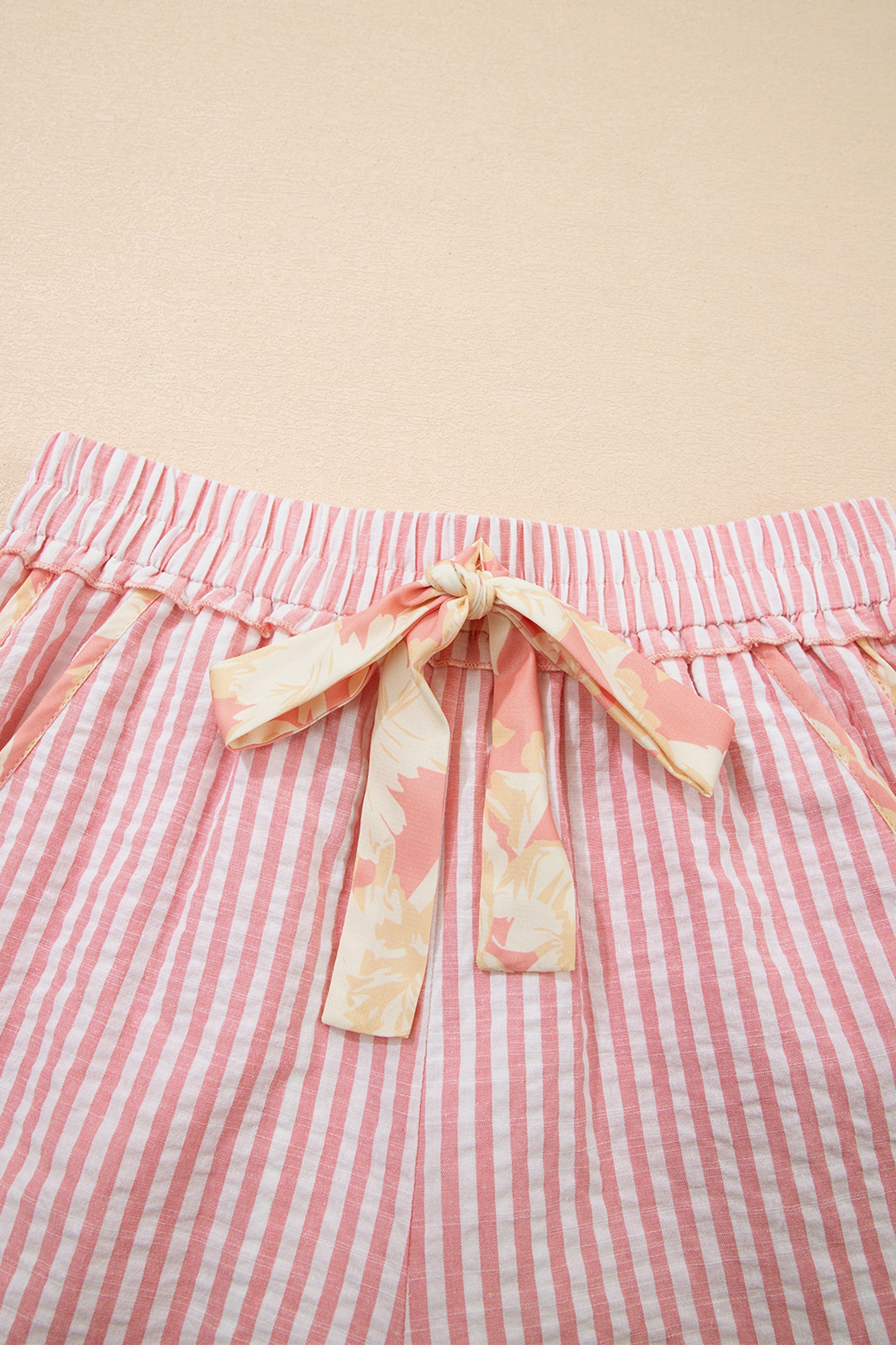 Women's Light Pink Striped Floral Trim Ribbon Knot Casual Shorts at LivelyLooks