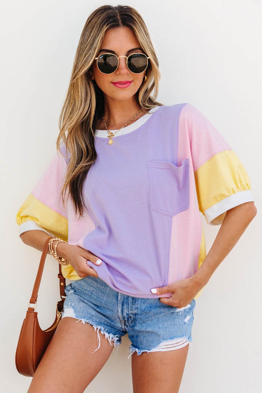 Women's Colour Block Patchwork Oversized T-Shirt Half Sleeve | Purple at LivelyLooks