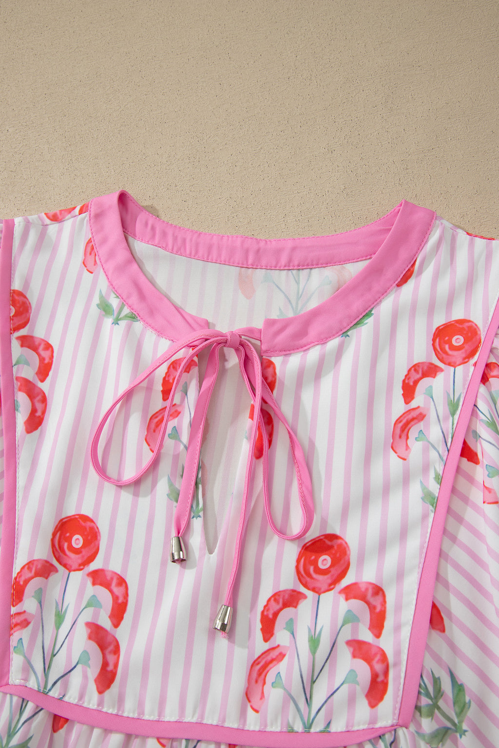 Pink & Sky Blue Floral Stripe Tie Notched Neck Puff Sleeve Mini Dress S-XL