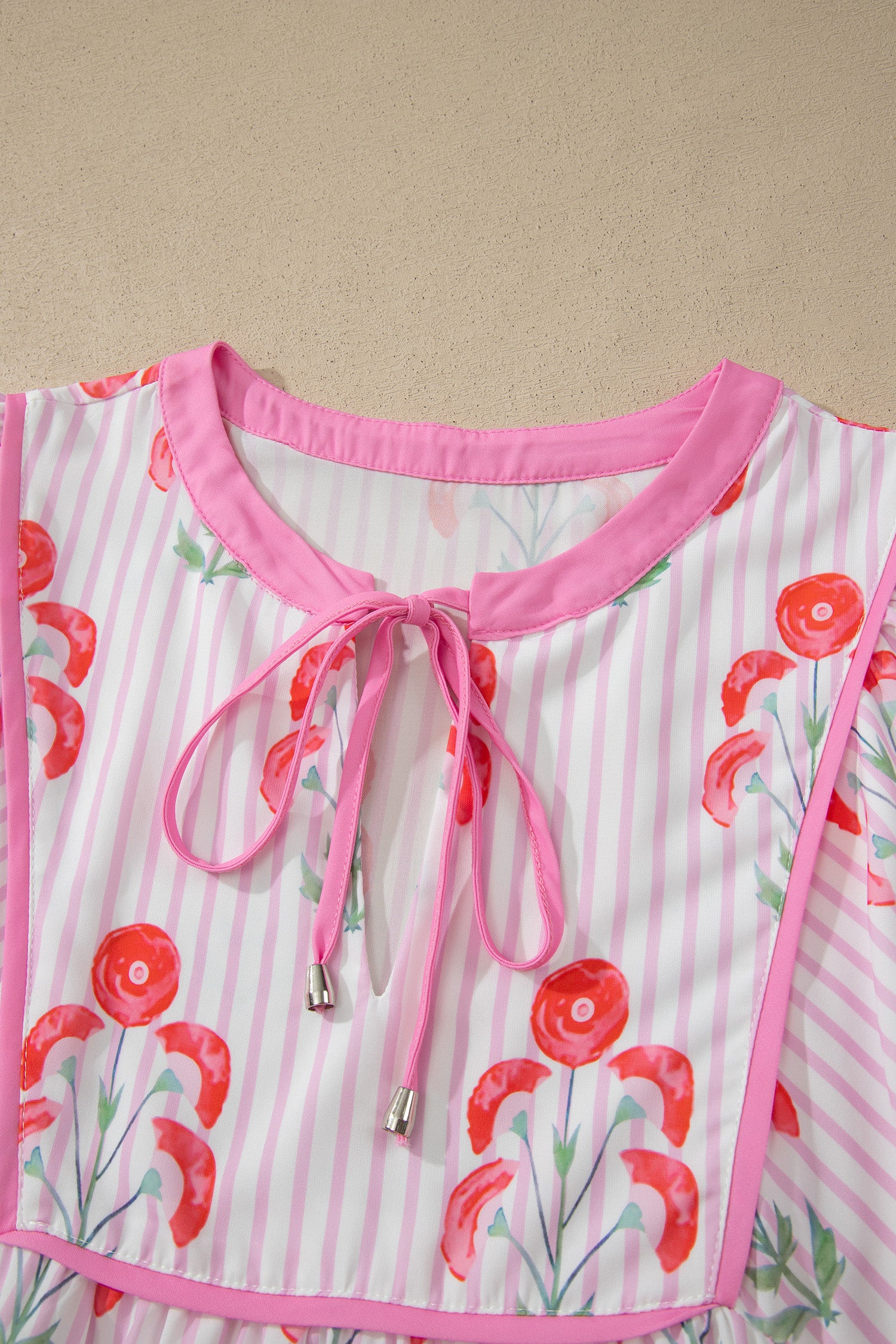Pink & Sky Blue Floral Stripe Tie Notched Neck Puff Sleeve Mini Dress S-XL
