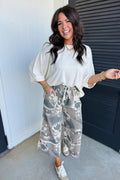 LivelyLooks Brown Camouflage Print Contrast Lace-up Raw Edge Pocketed Loose Trousers Cargo Pants women's fashion