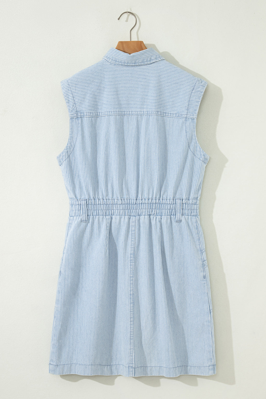 Women's Sky Blue Stripe Denim Mini Dress Collared Button Front Sleeveless S-XL at LivelyLooks