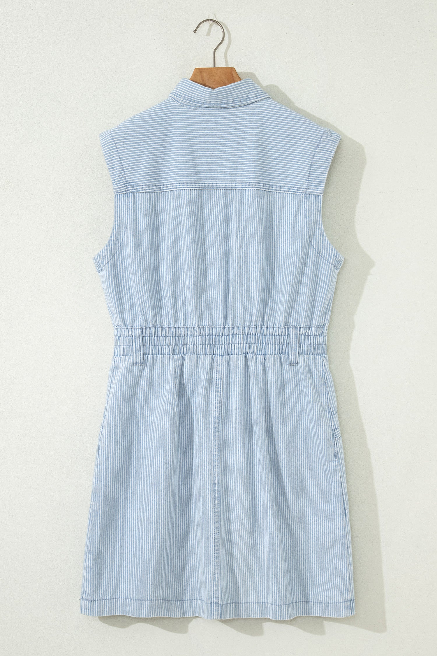 Women's Sky Blue Stripe Denim Mini Dress Collared Button Front Sleeveless S-XL at LivelyLooks