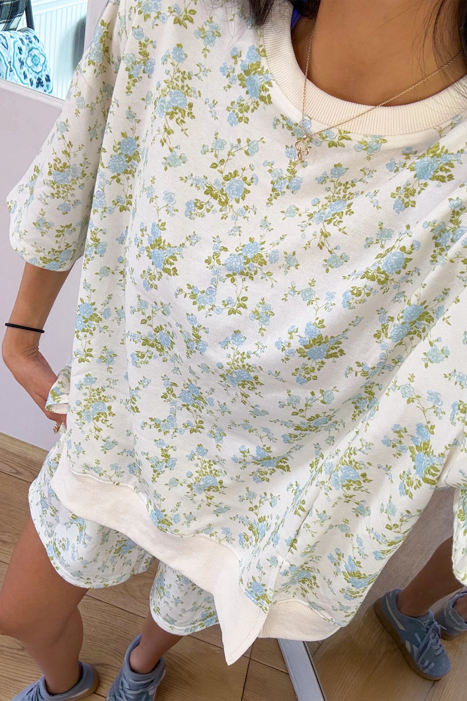 Floral Print Two Piece Short Set | Sky Blue & Pink | S-XL