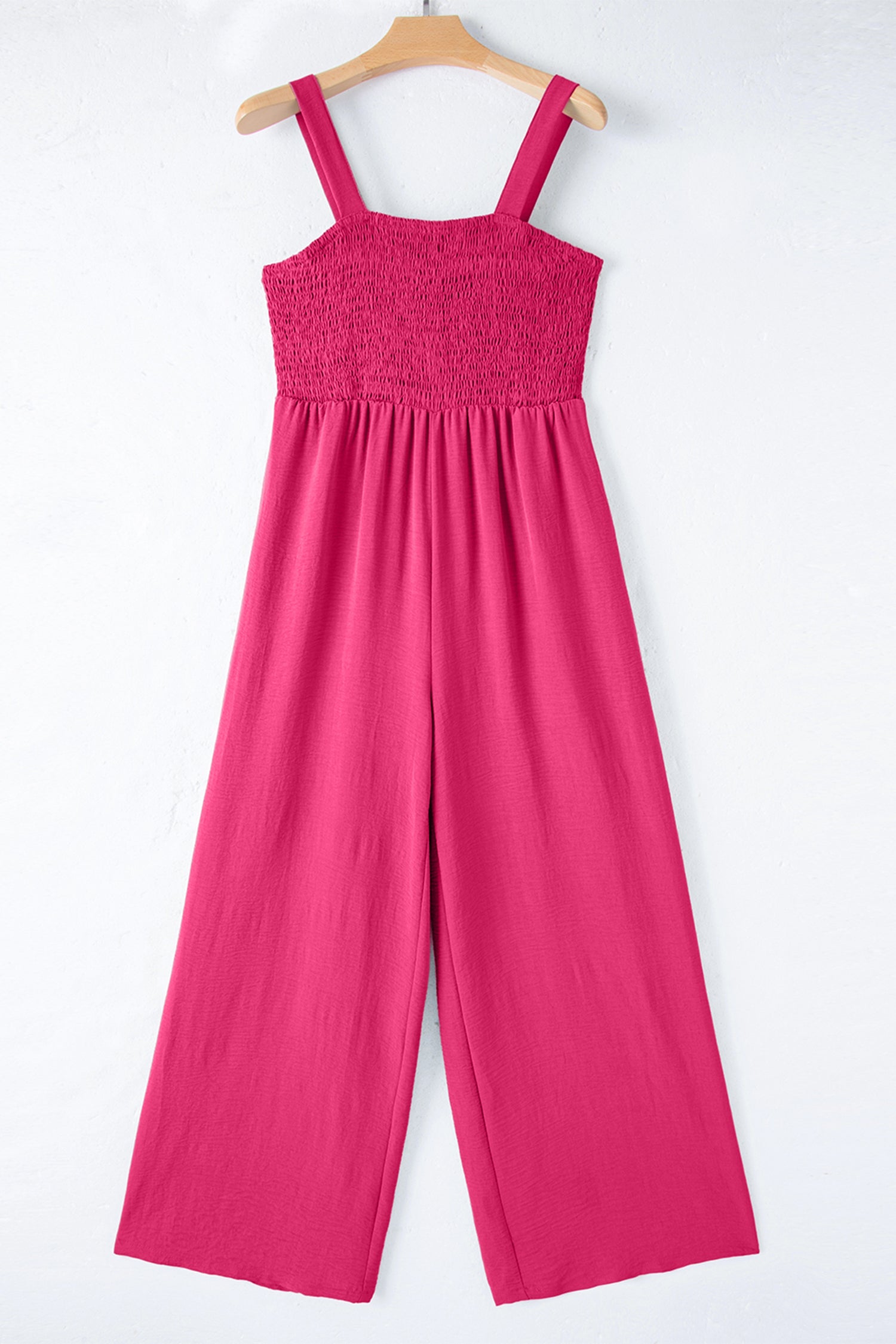 Women's Rose Red Smocked Square Neck Sleeveless Jumpsuit with Pockets at LivelyLooks