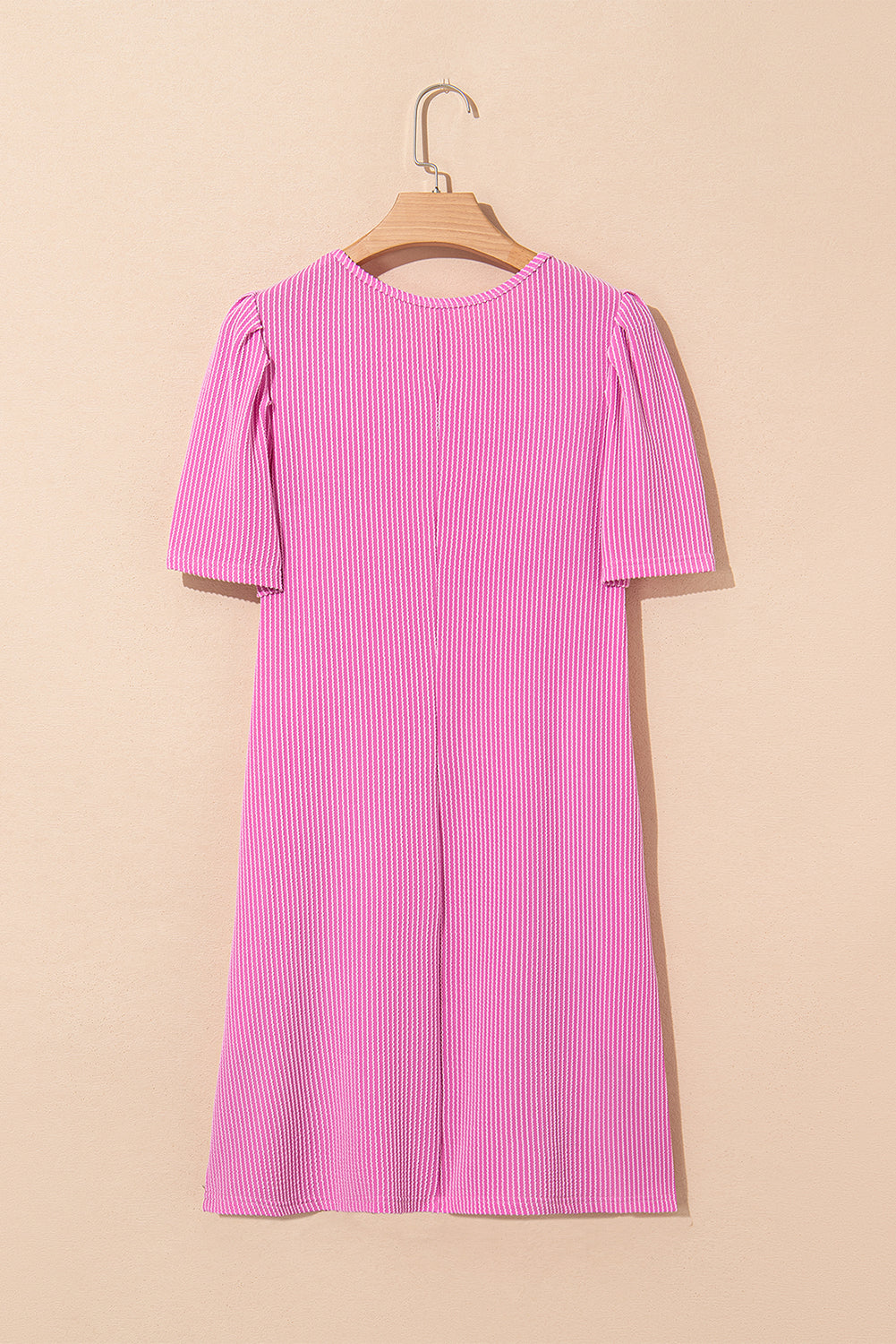 Corded Knit Crew Neck Puff Sleeve Shift Mini Dress S-XL