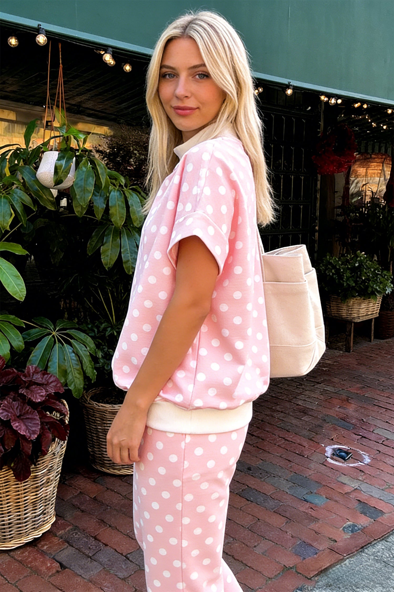 Women's Pink Polka Dot Mock Neck Short Sleeve Top & Shift Pant Co-ord Set S-XL at LivelyLooks