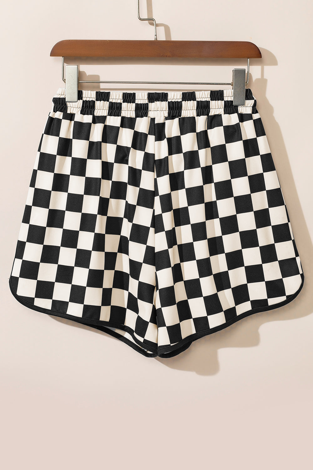 Black Checkered Casual Shorts Drawstring Elastic Waist Women S-2XL