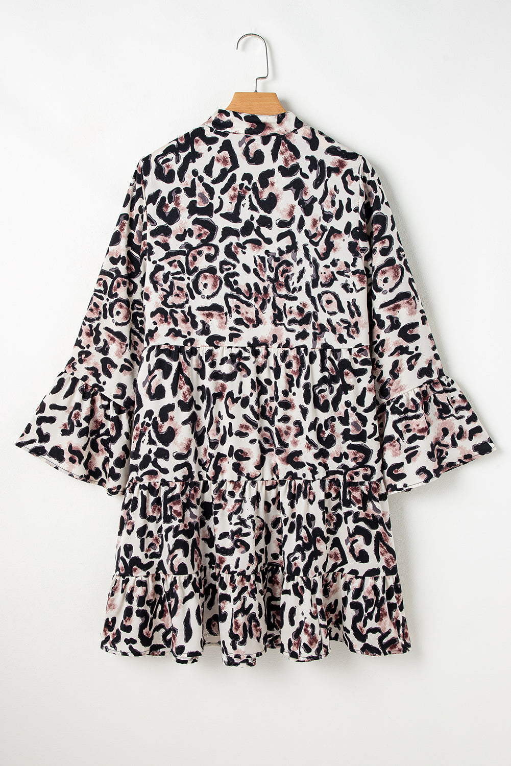 Women's Rose Leopard Print Buttoned Front 3/4 Sleeve Tiered Ruffle Hem Dress at LivelyLooks
