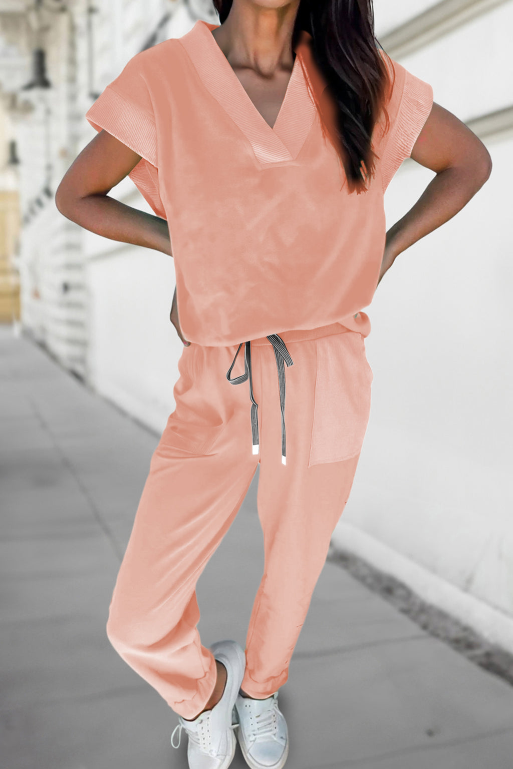 V-Neck Tee & Drawstring Pant Set | Apricot Pink, Mint Green, Bonbon & Beau Blue