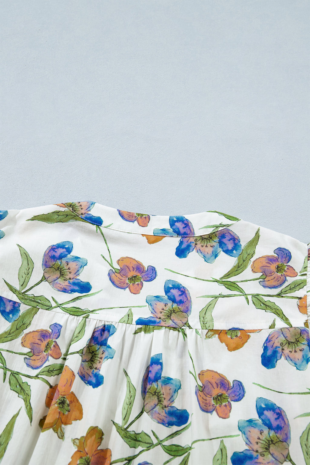 Women's Green Floral Ruffle V-Neck Pressed Pleats Cotton Blouse at LivelyLooks