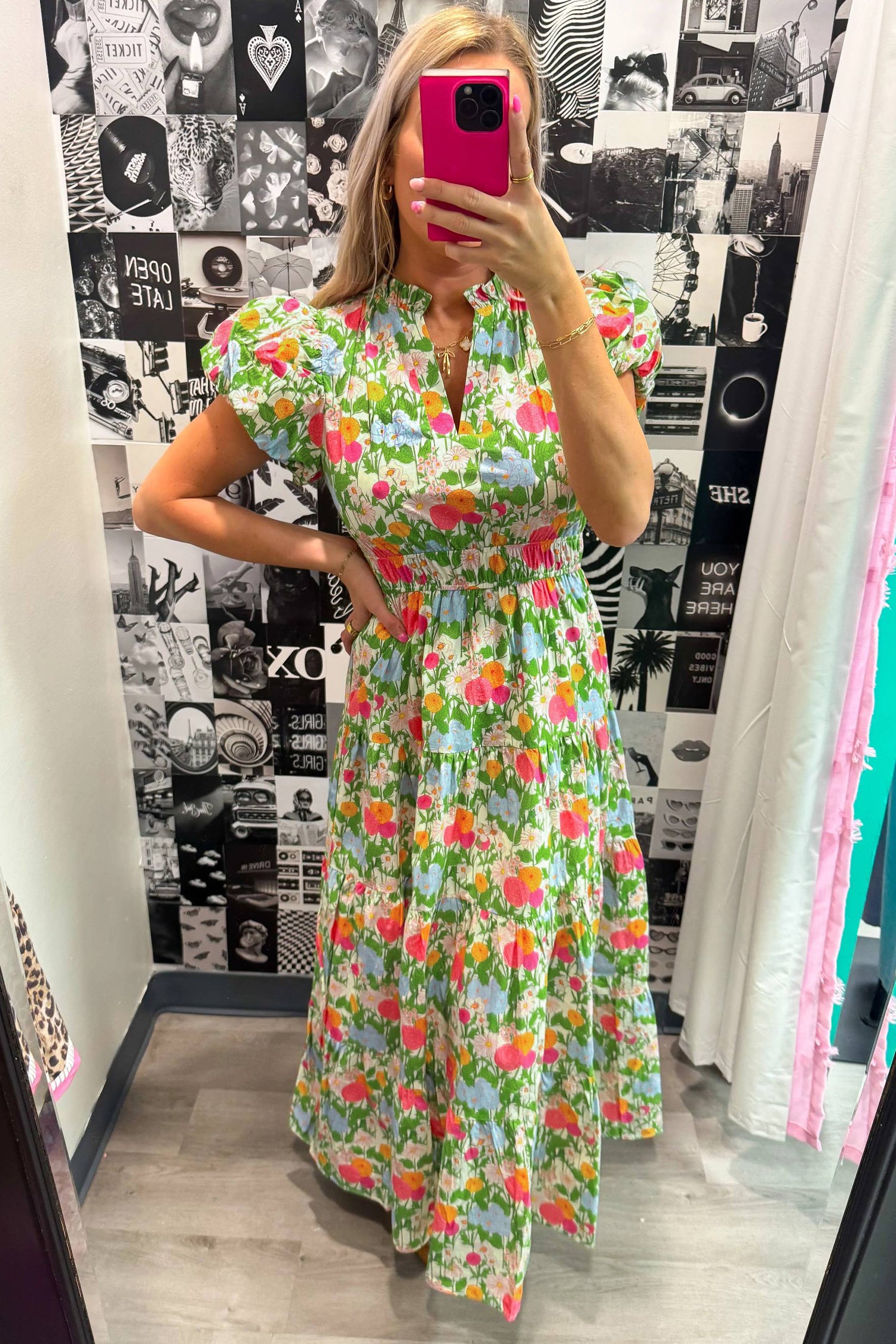 Shop Green Floral Print V-Neck Puff Sleeve Cotton Maxi Dress at LivelyLooks