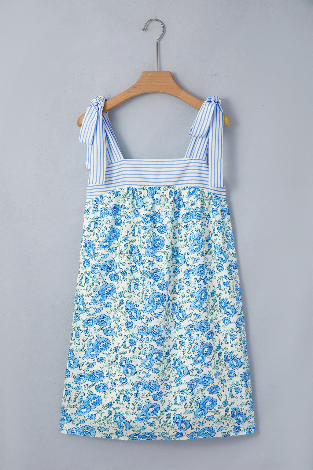 Sky Blue & Pink Floral Striped Bow Knot Strap Mini Dress