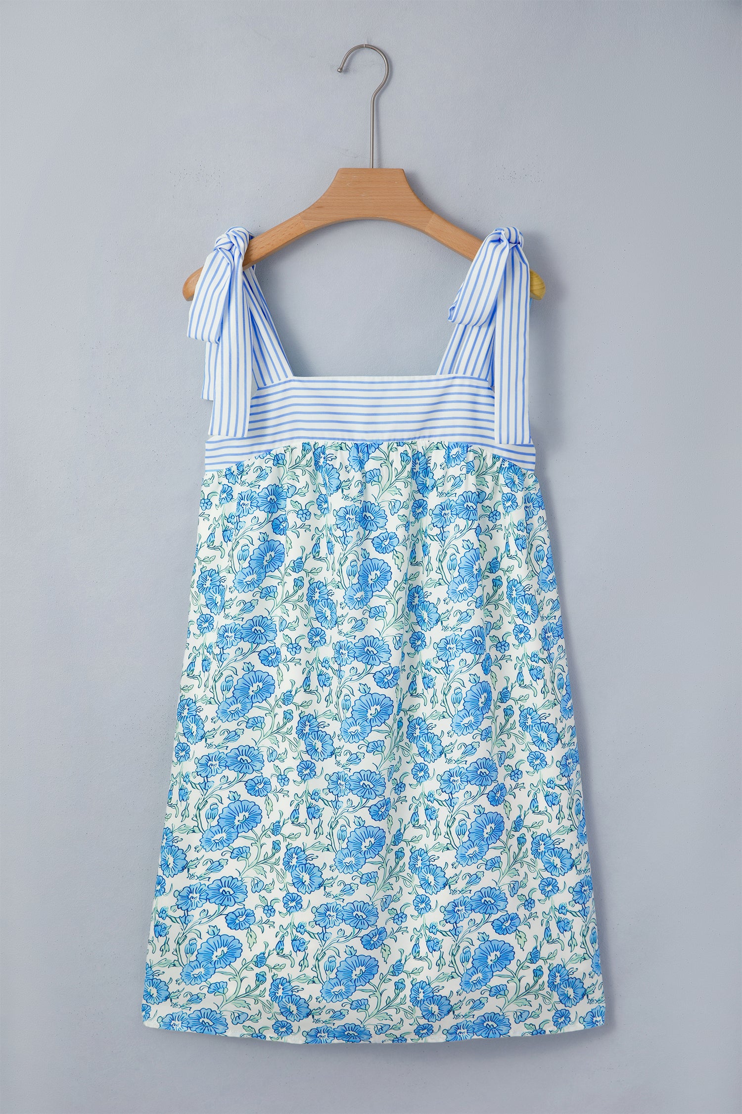 Sky Blue & Pink Floral Striped Bow Knot Strap Mini Dress