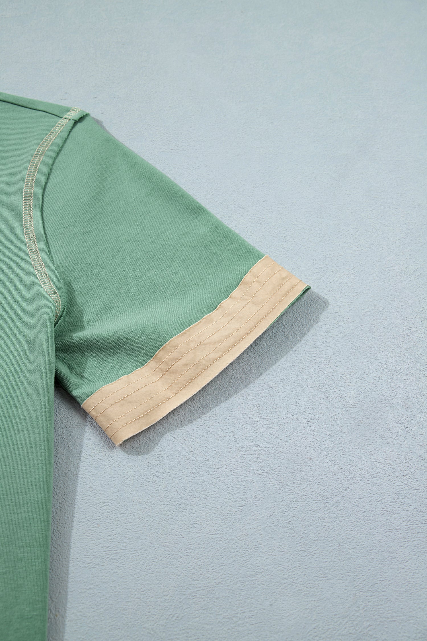 Colour Block Henley Tee Raw Seam Detail Buttoned Mint Green Light Grey Women S-XL