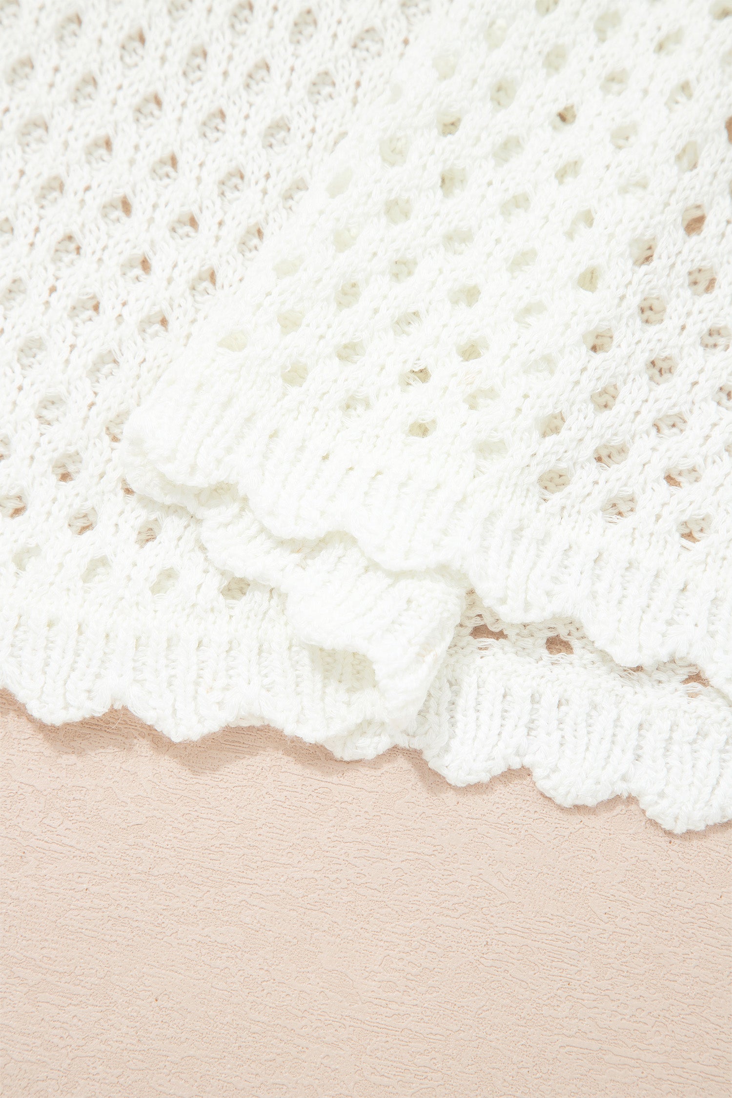 LivelyLooks Yellow Cream Scalloped Trim Hollow Out Knit Long Sleeve Top women's fashion