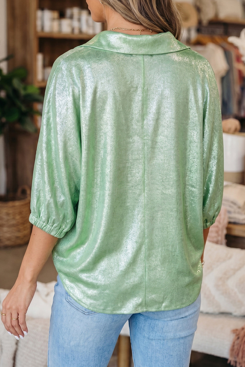 Aqua Metallic Shimmer Collared V Neck Half Sleeve Top