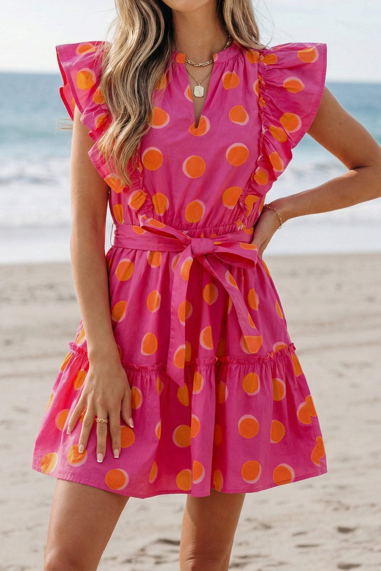Rose Polka Dot V-Neck Ruffle Short Sleeve Knot Waist Mini Dress