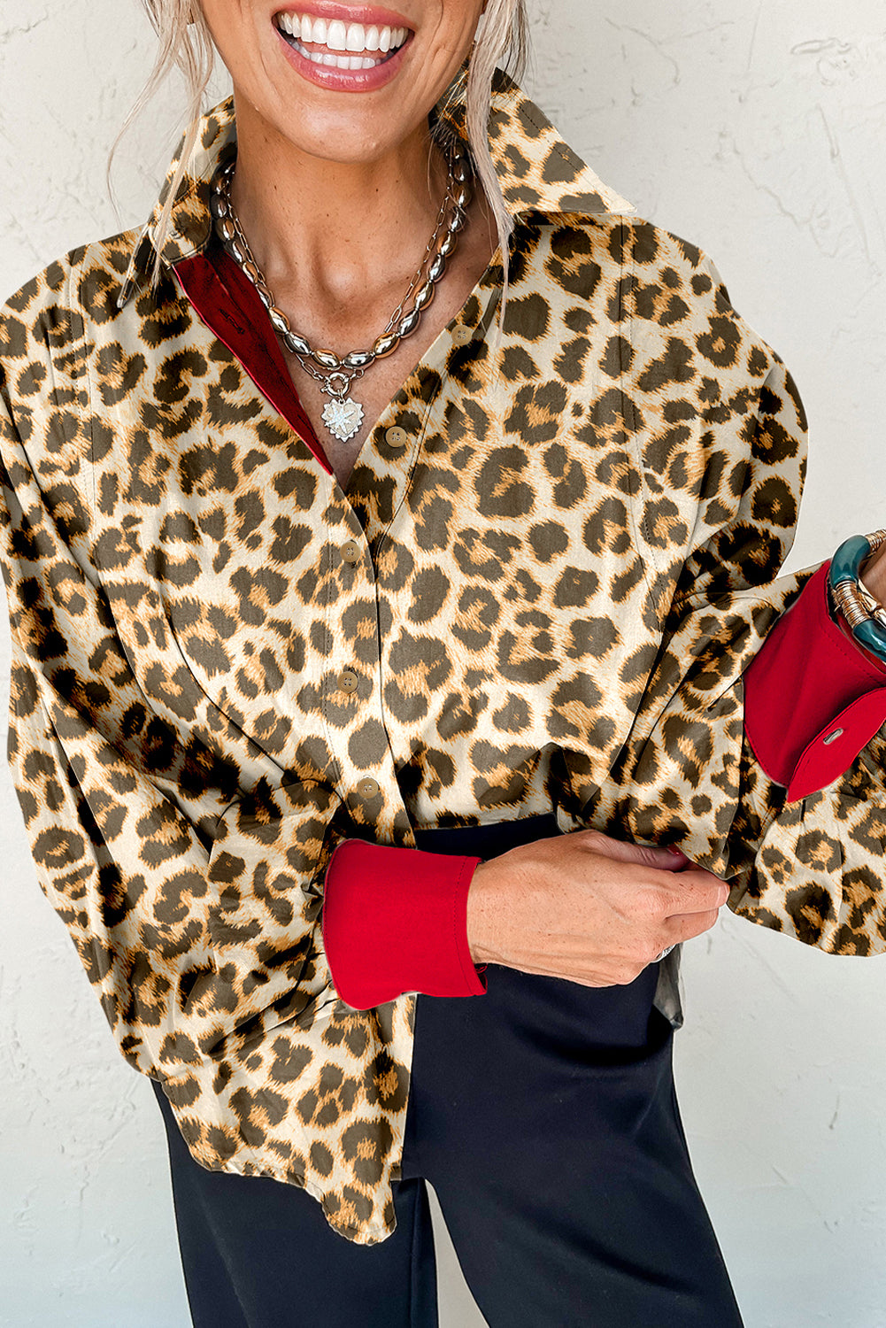 Khaki Leopard Print Contrast Trim Shirt | Sizes 8-22