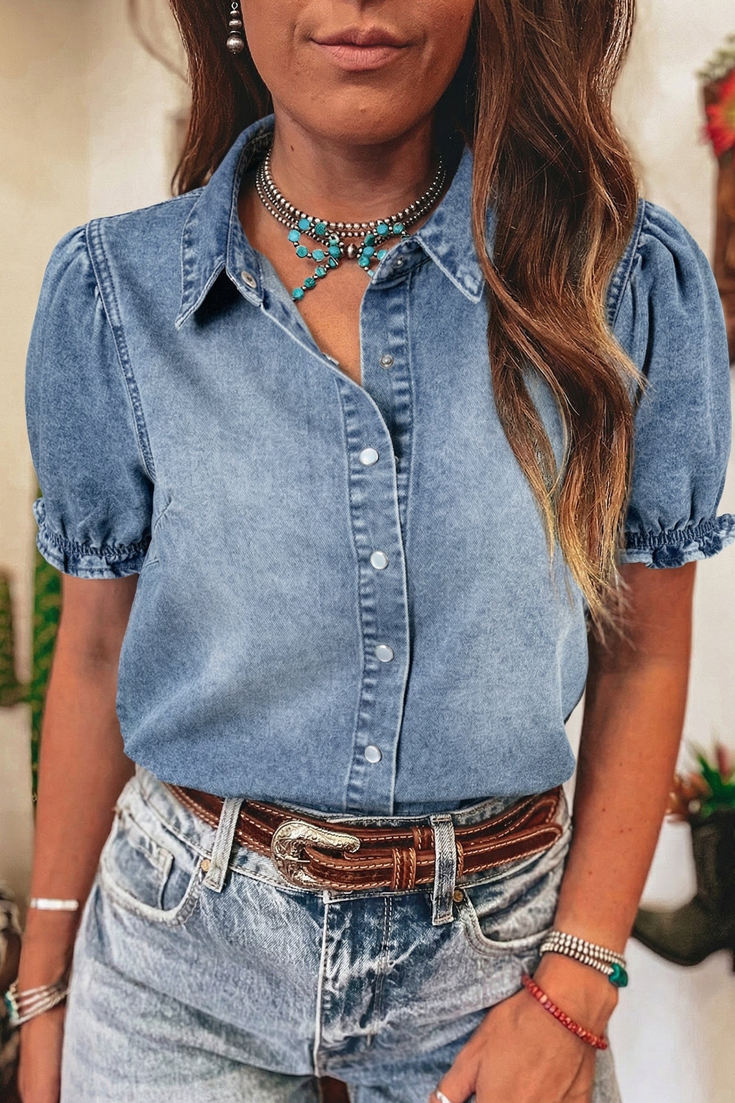 LivelyLooks Beau Blue Frilled Short Sleeve Snap Button Denim Shirt women's fashion
