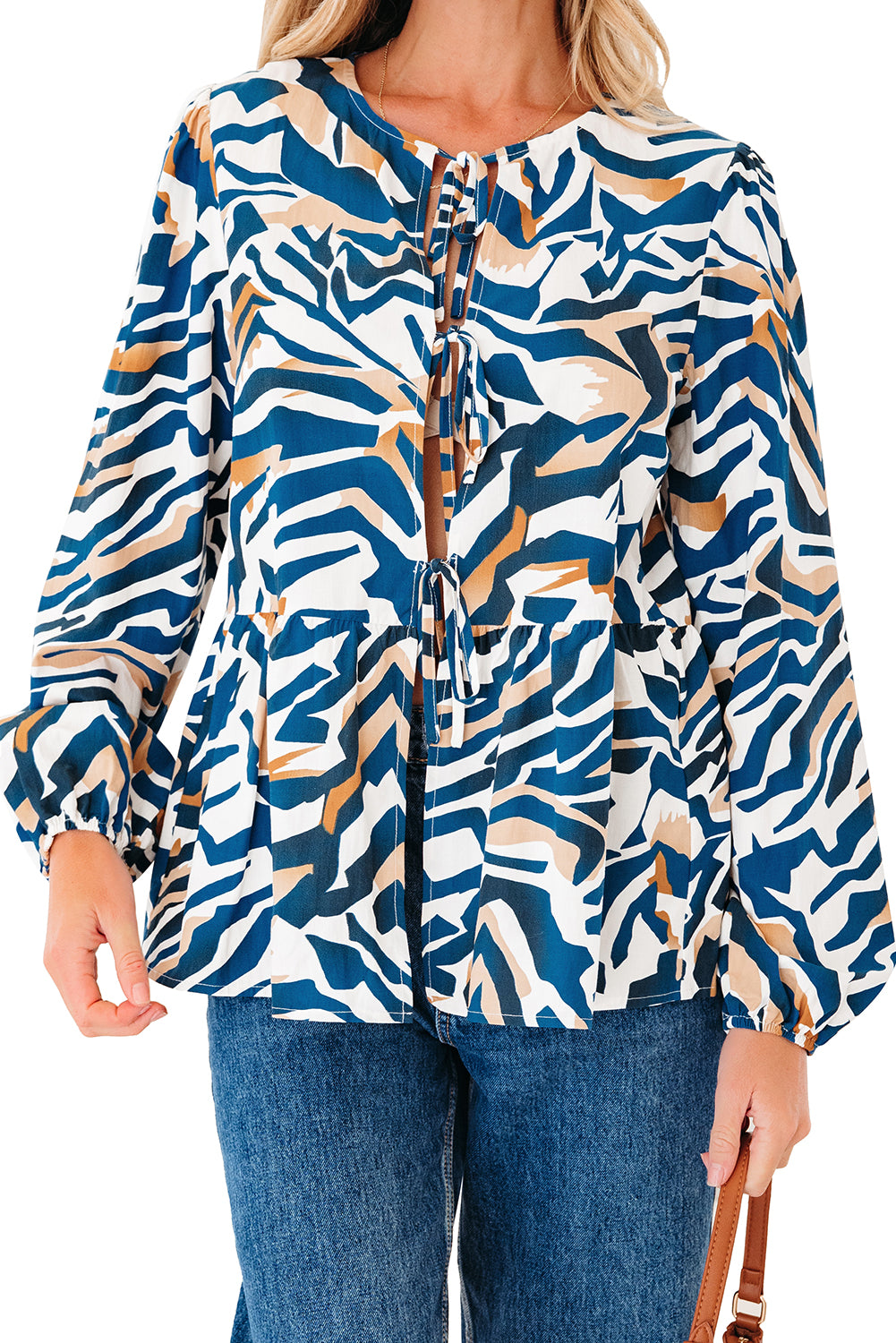 Blue Zebra Print Puff Sleeve Top Tied Front Women S-XL