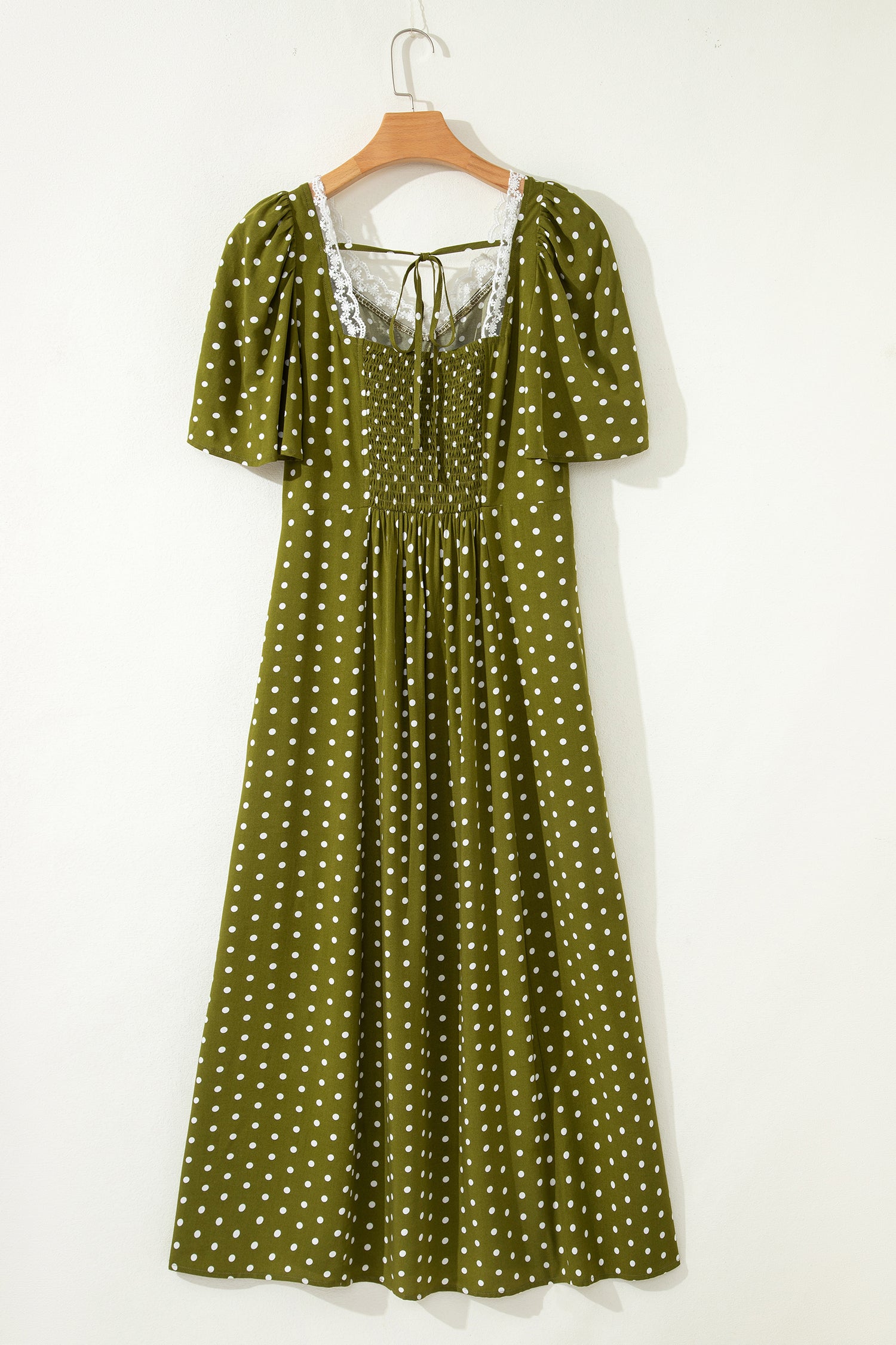 LivelyLooks Green Polka Dot Maxi Dress | Lacy Neckline Smocked Waist women's fashion