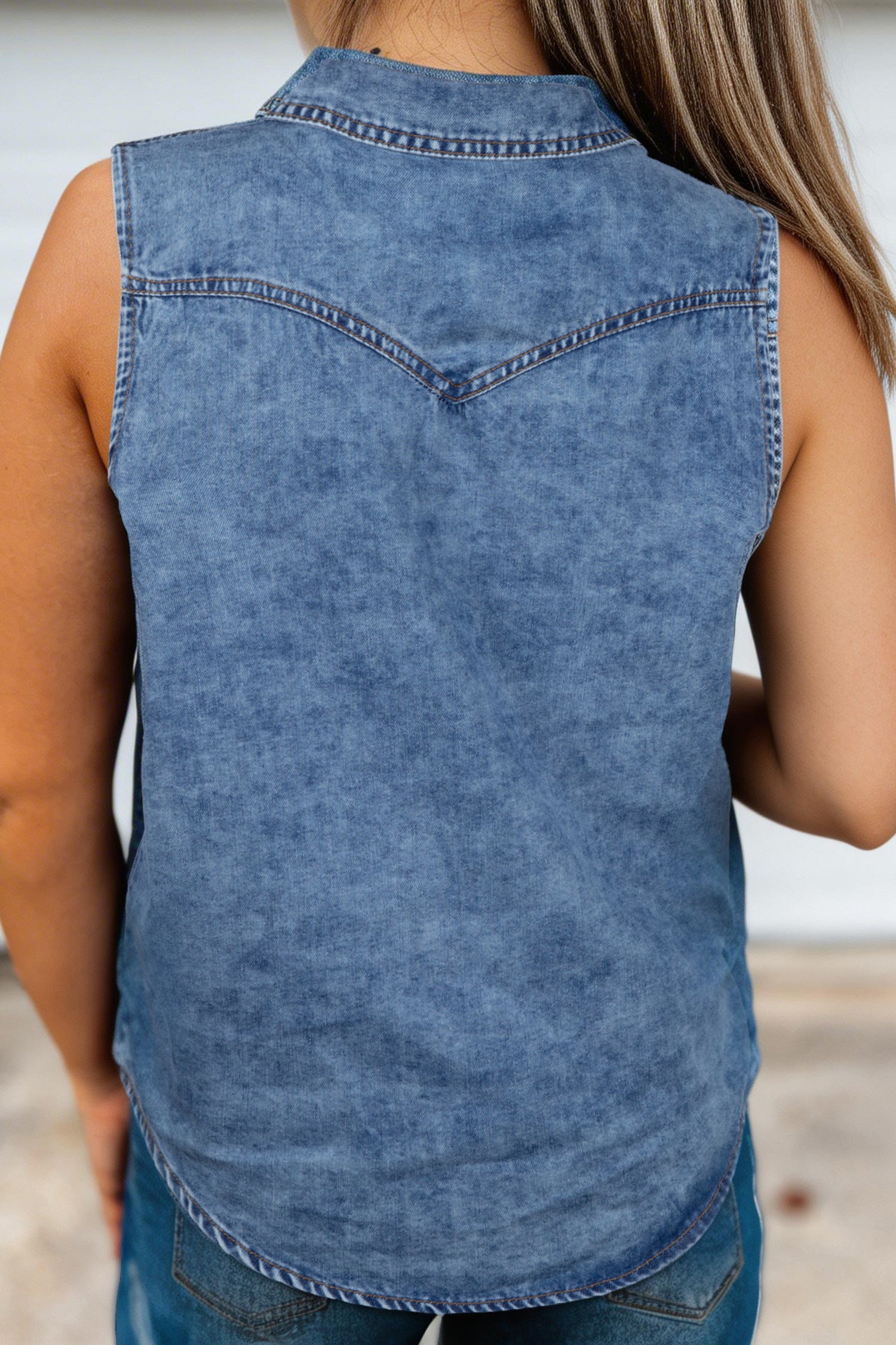 LivelyLooks Dusk Blue Buttoned Front Collared Sleeveless Denim Vest women's fashion