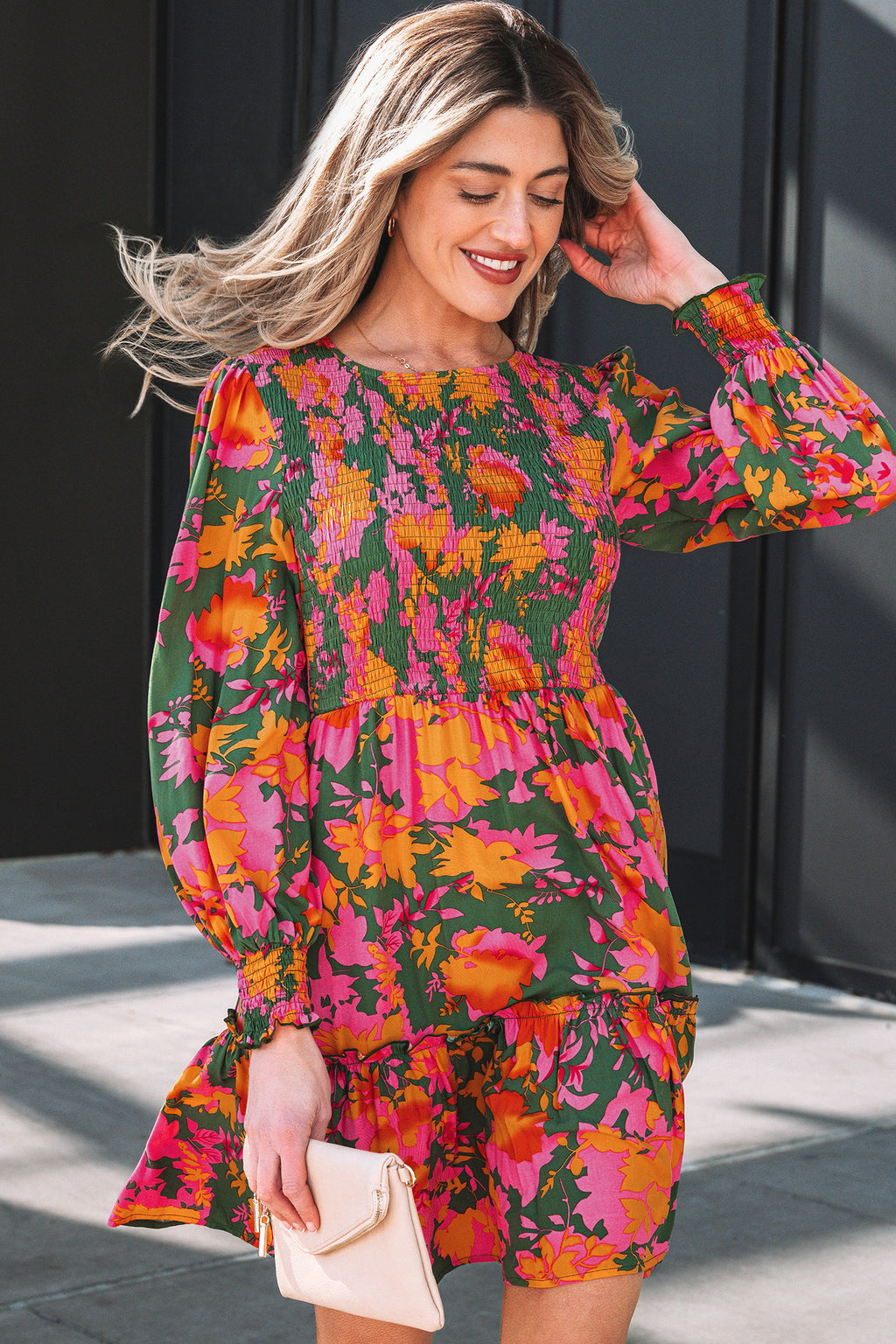 Multicolour Floral Print Long Sleeve Smocked Ruffled Mini Dress | UK 8–22