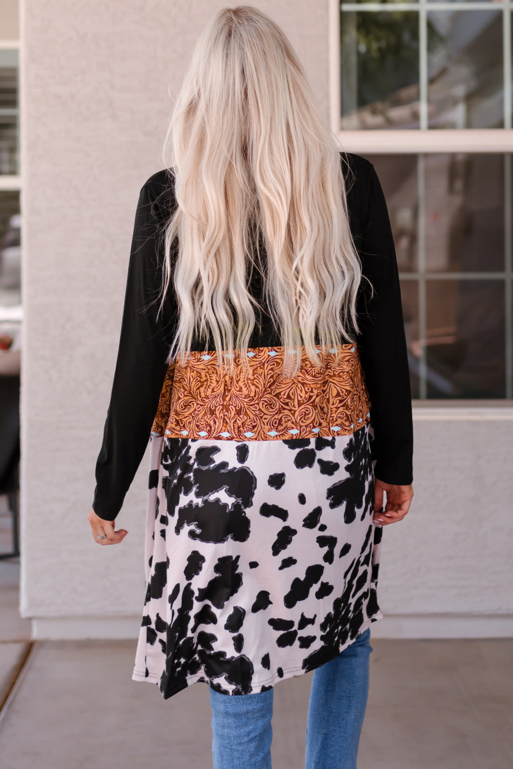 Shop Black Western Pattern Cow Patchwork Open Front Cardigan Knitwear Aztec Jumper Coat at LivelyLooks