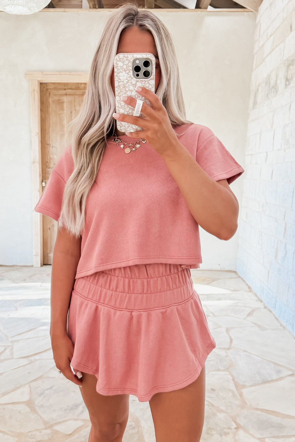 LivelyLooks Peach Cropped Tee & Ruffle High Waist Skort Set 2pcs S-XL women's fashion