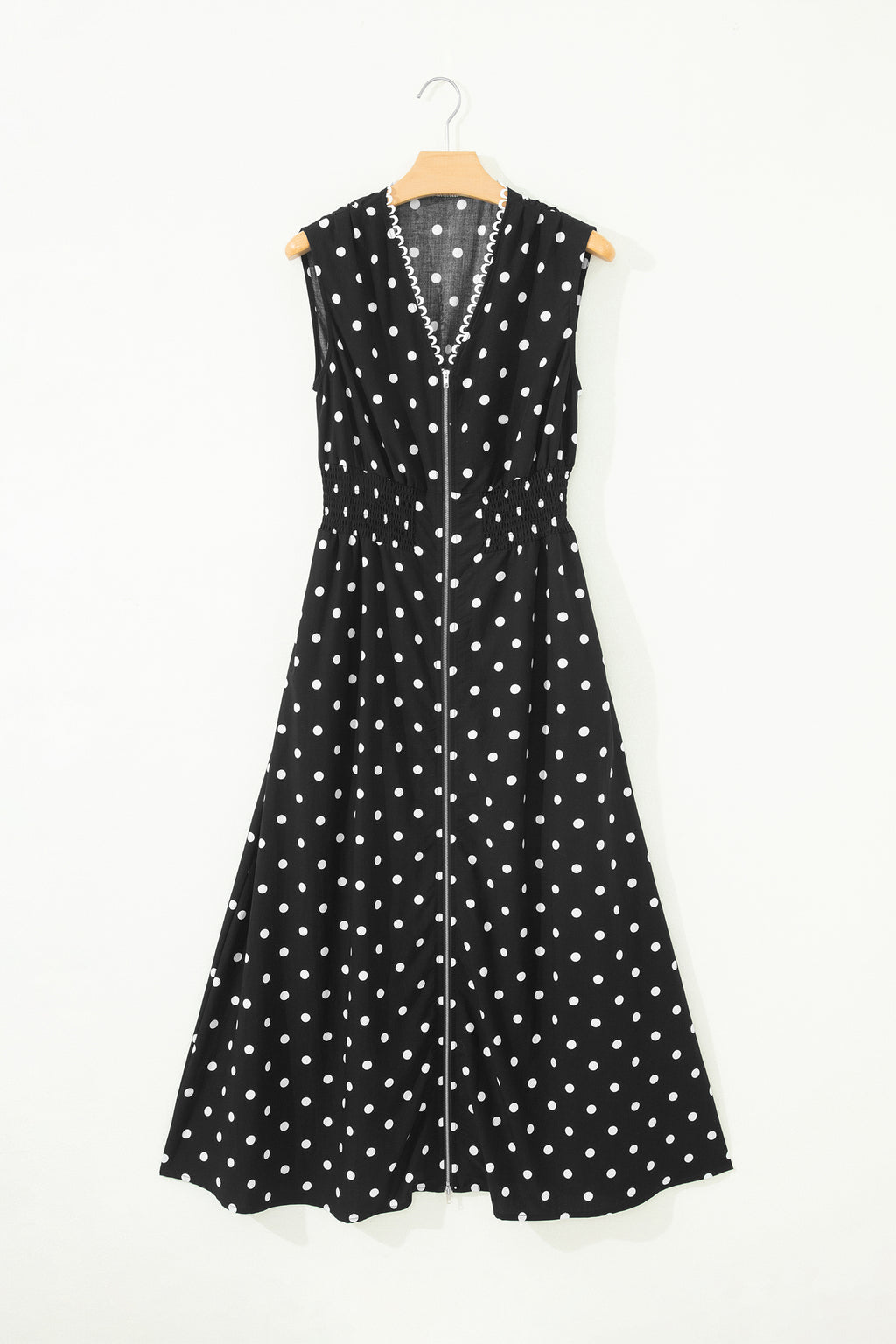 Brown & Black Polka Dot Contrast Trim V Neck Zip Up Sleeveless Dress S-XL