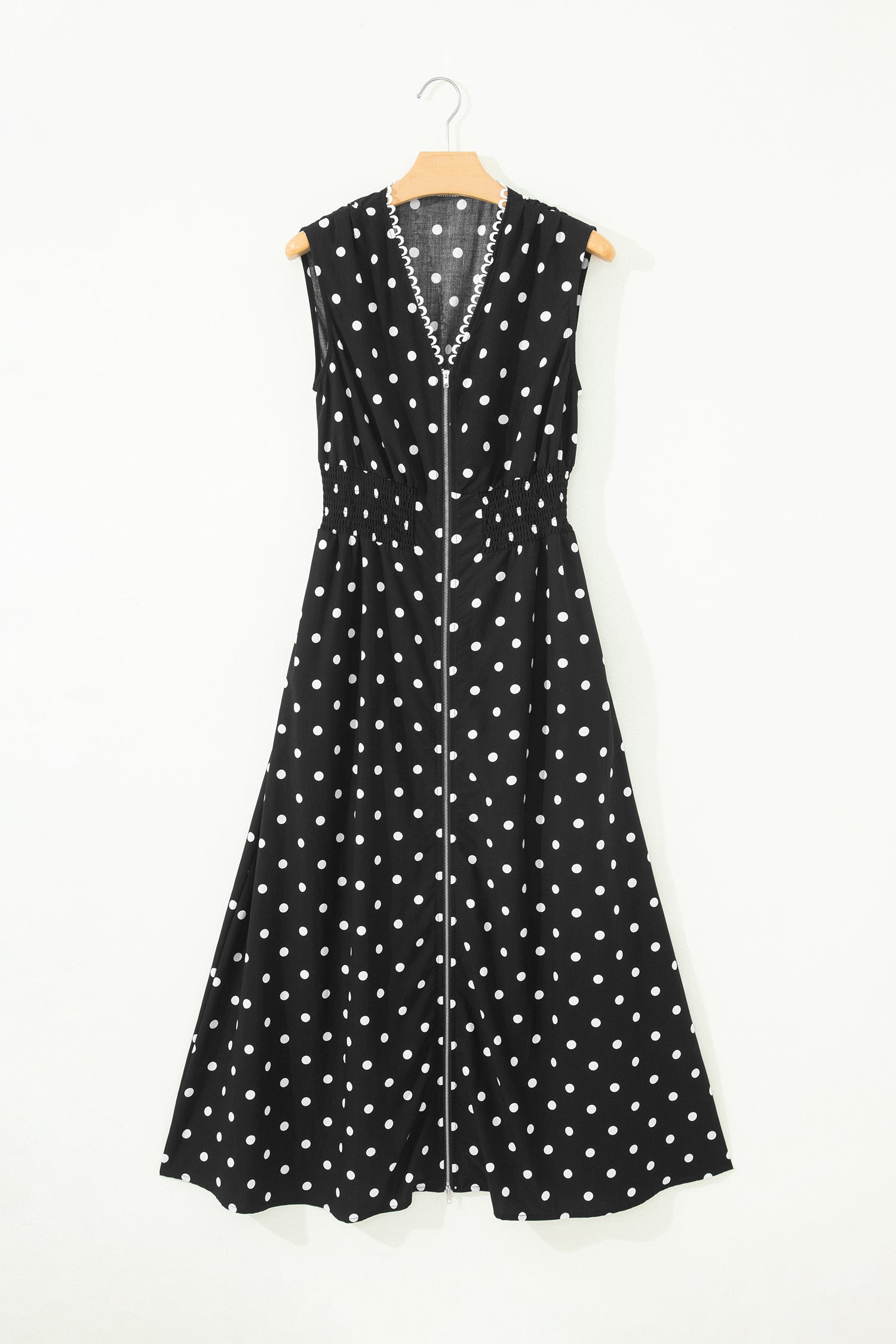 Brown & Black Polka Dot Contrast Trim V Neck Zip Up Sleeveless Dress S-XL