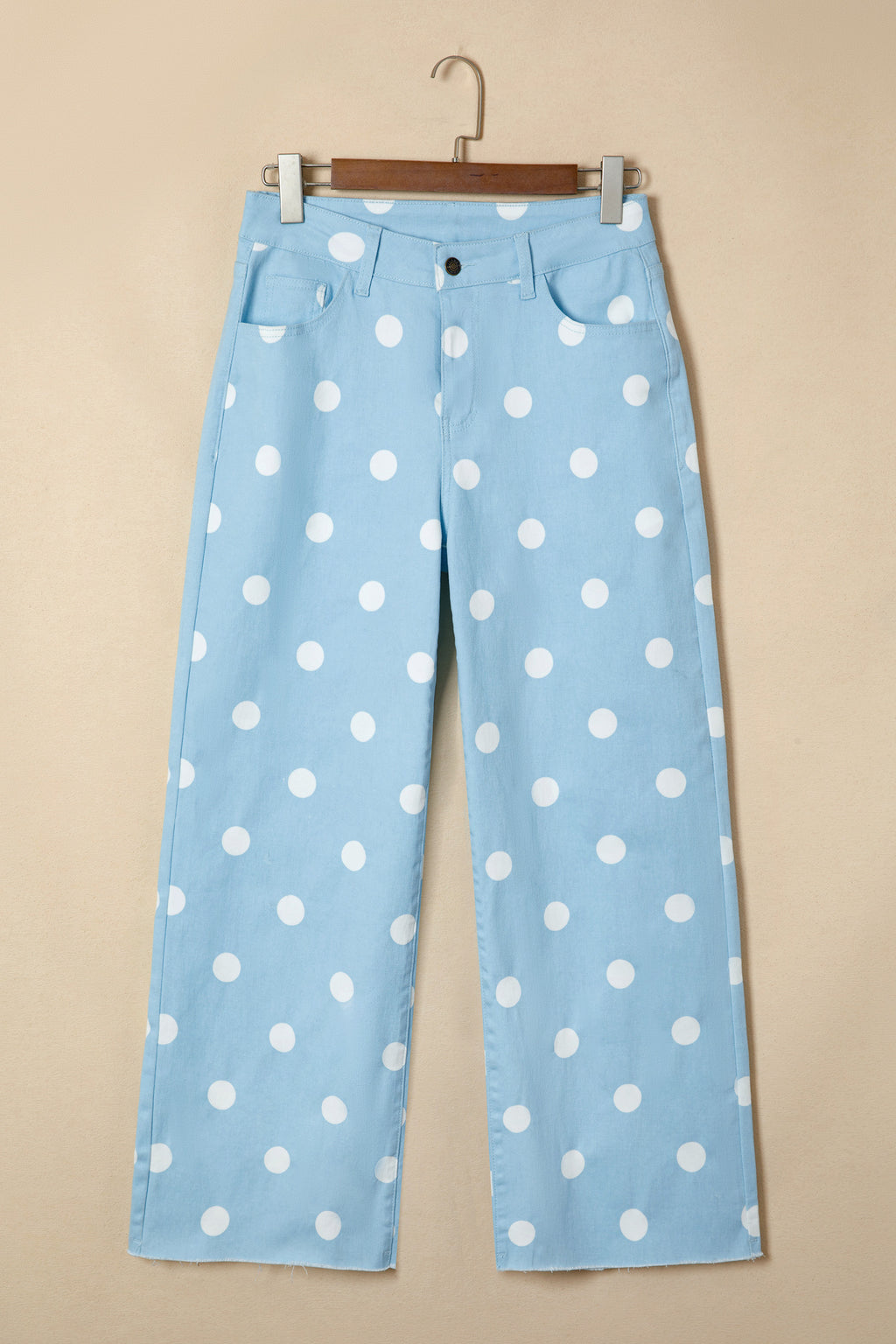Khaki & Sky Blue Polka Dot Print Raw Hem High-Waist Shift Jeans | Sizes 4–16