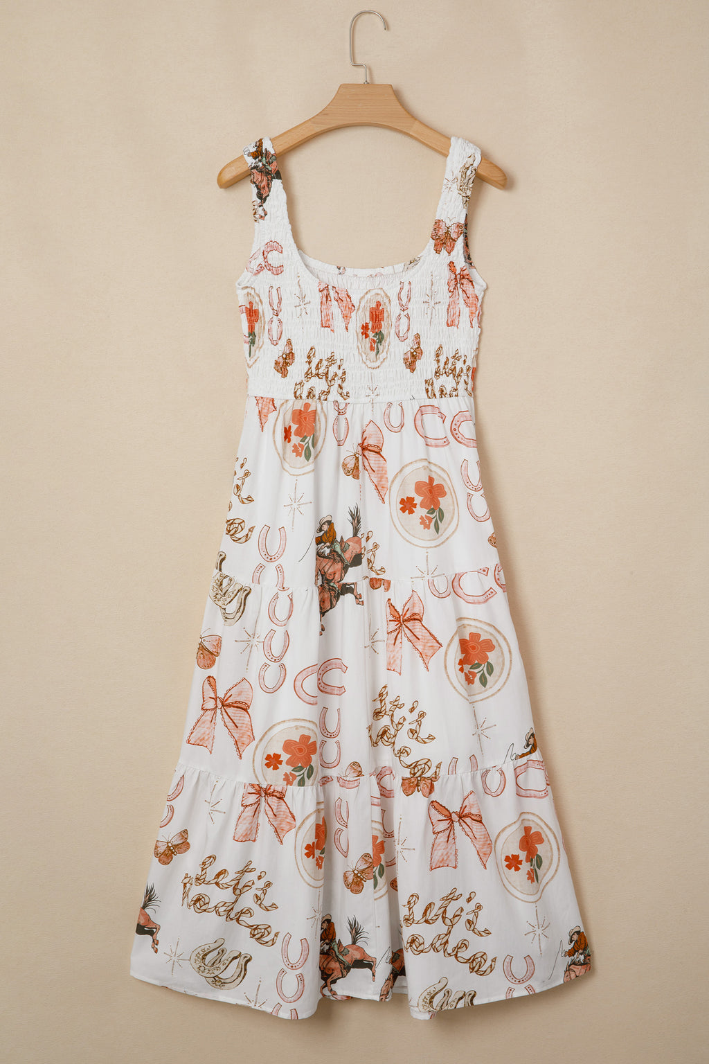 Women's White Western Horseshoe Print U-Neck Sleeveless Midi Dress at LivelyLooks
