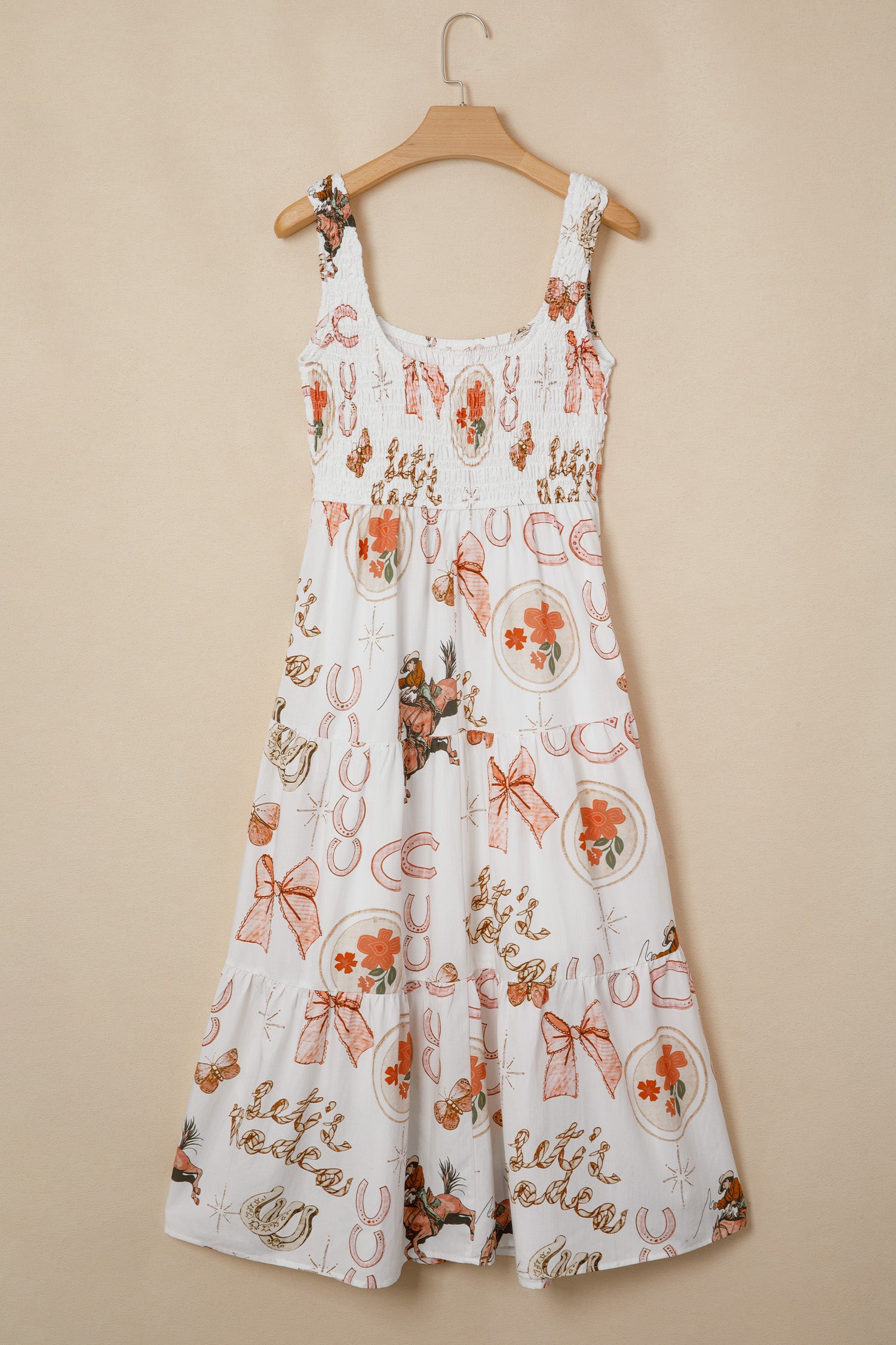 Women's White Western Horseshoe Print U-Neck Sleeveless Midi Dress at LivelyLooks