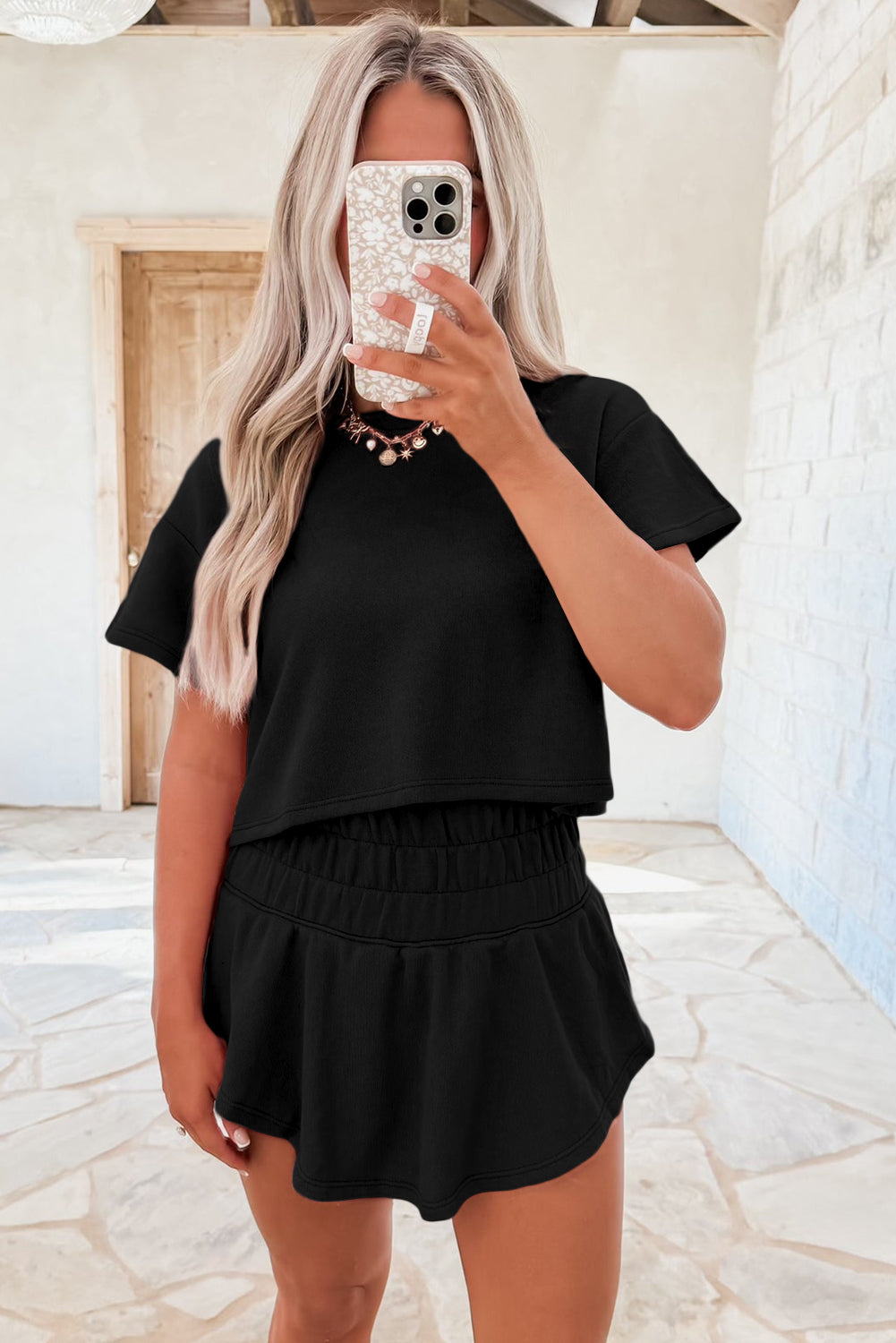 Shop Black Cropped Tee & Ruffle High Waist Skort Set 2pcs S-XL at LivelyLooks