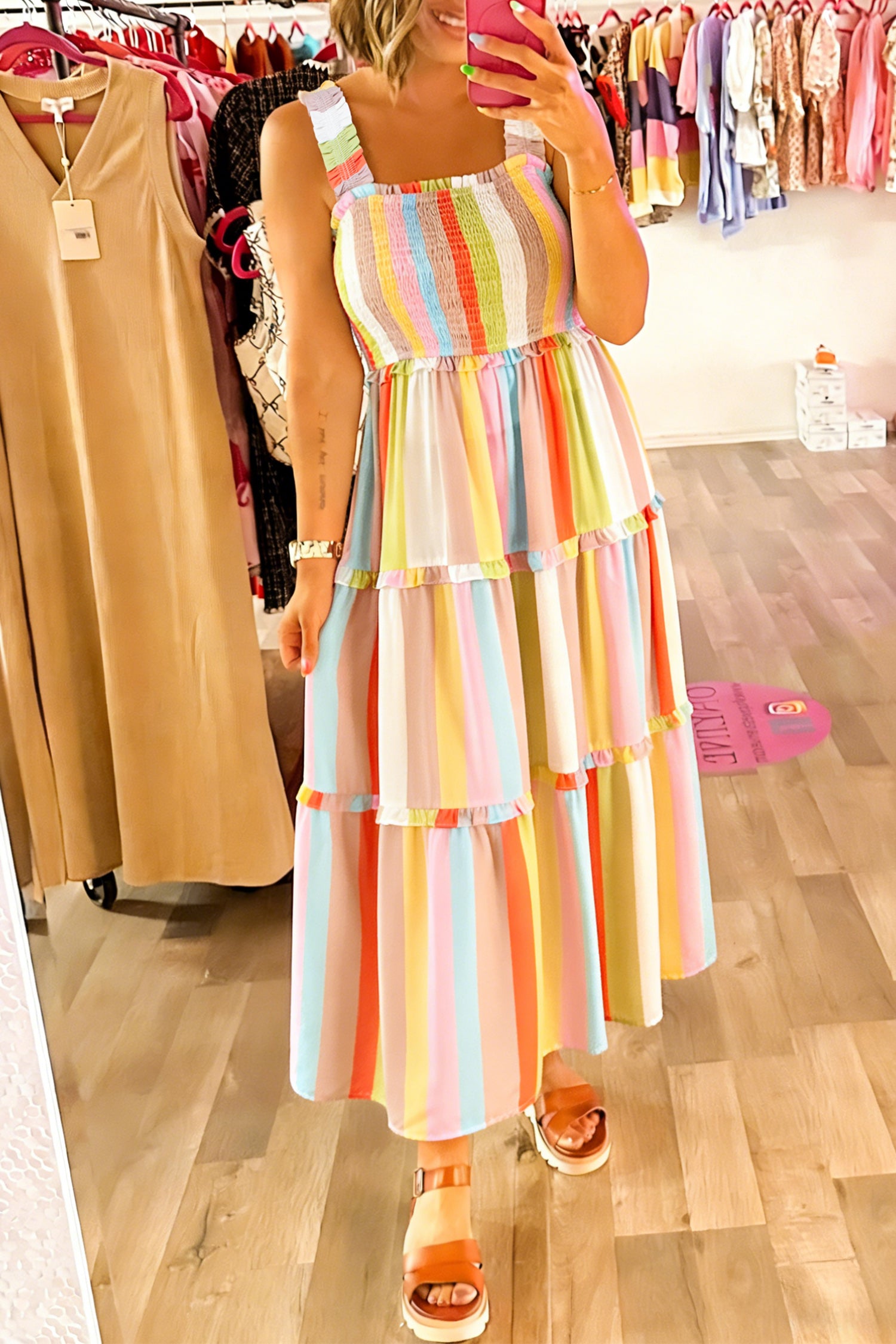 Green Striped Smocked Tiered Maxi Dress Ruffle Square Neck S-XL