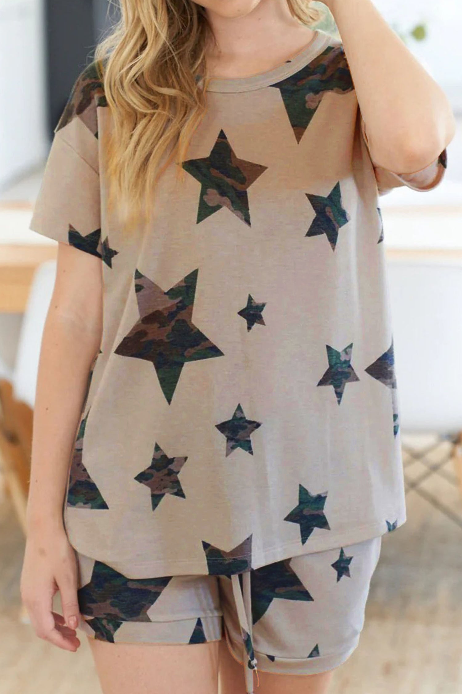 Women's Khaki Camo Star Print Short Sleeve Lounge Set S-XL