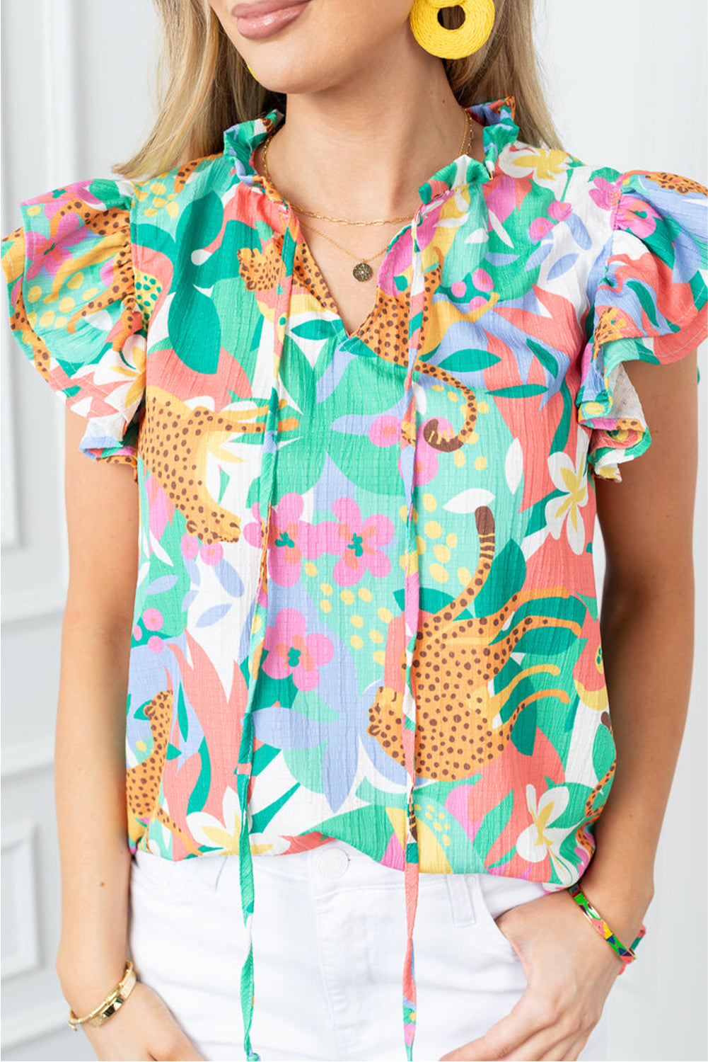 Green Floral Blouse Frilly Ruffle Tie Split Neck Flutter Sleeve Women S-2XL