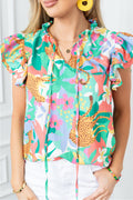 Green Floral Blouse Frilly Ruffle Tie Split Neck Flutter Sleeve Women S-2XL