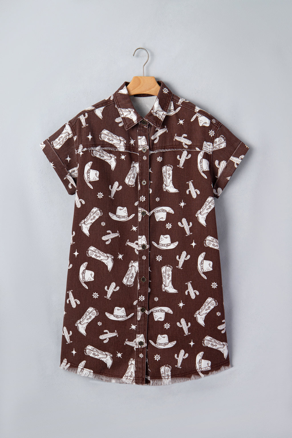 Brown Western Cowgirl Print Raw Edge Button-Down Denim Mini Dress