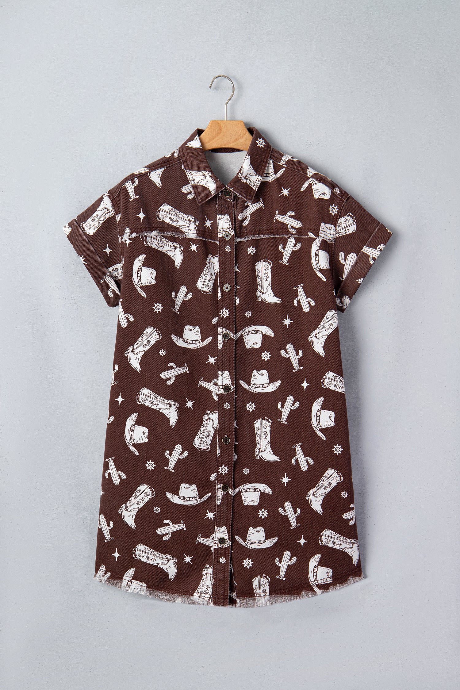 Brown Western Cowgirl Print Raw Edge Button-Down Denim Mini Dress
