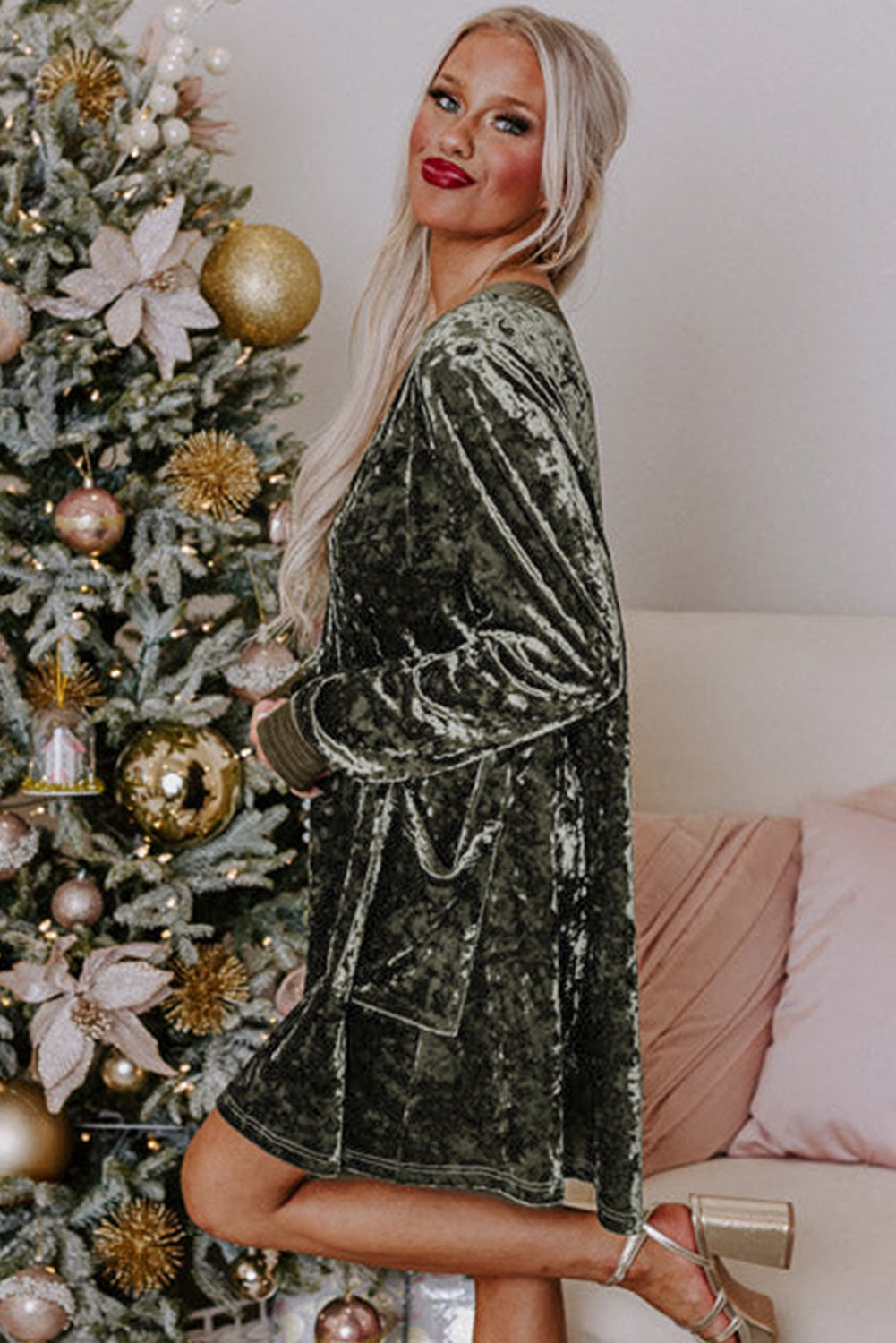 Jungle Green Velvet V Neck Long Sleeve Loose Dress with Pockets S-XL