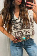 Women's Brown Western Horseshoe Bow Print V Neck Loose Sweater Vest at LivelyLooks