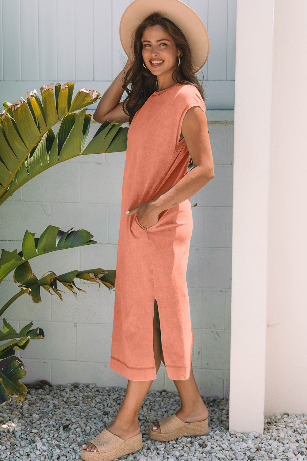 Wisteria Orange Aqua Mineral Wash Pocketed T-Shirt Long Dress S-XL