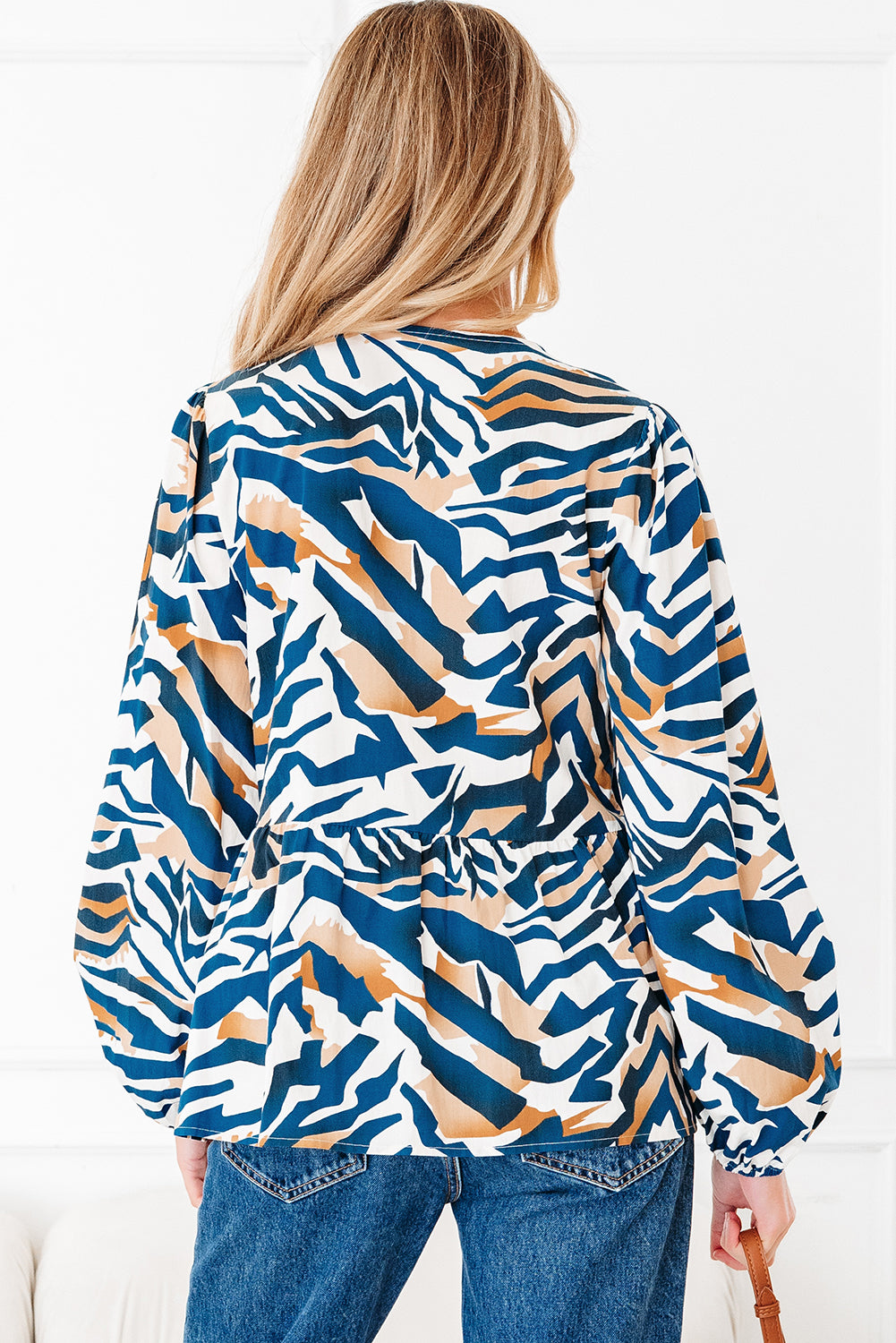 Blue Zebra Print Puff Sleeve Top Tied Front Women S-XL