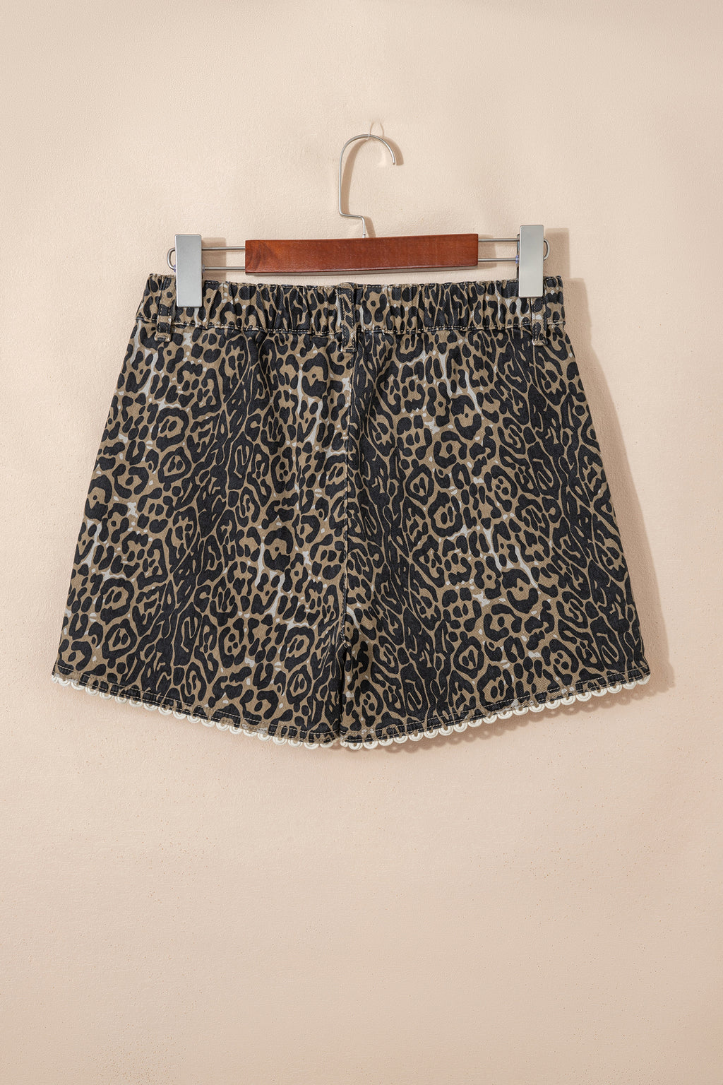 Women's Khaki Leopard Denim Shorts Scalloped Lace Trim Women S-XL at LivelyLooks