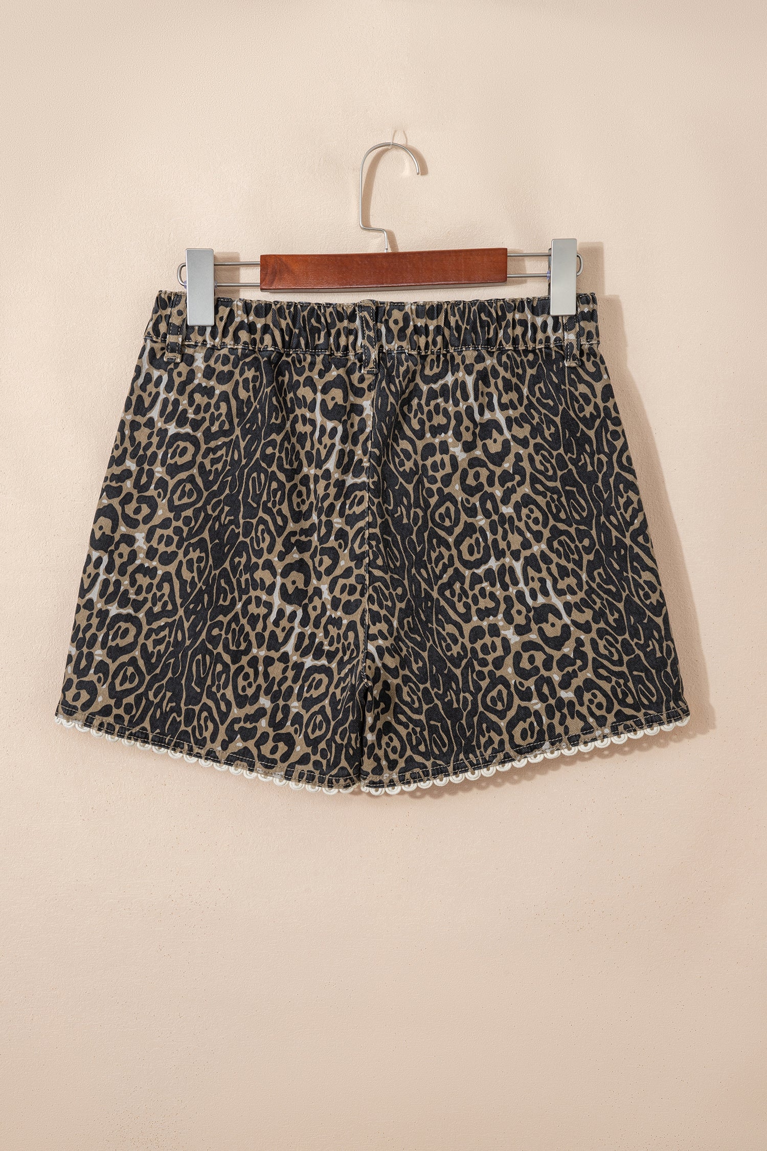 Women's Khaki Leopard Denim Shorts Scalloped Lace Trim Women S-XL at LivelyLooks